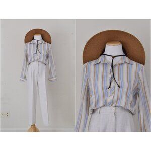 Vintage 80s Paper-Thin Striped‎ Poly/Cotton Womens Shirt
